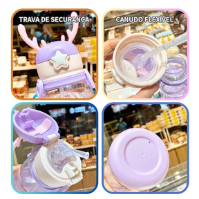 Garrafa de água infantil com canudo e alças
